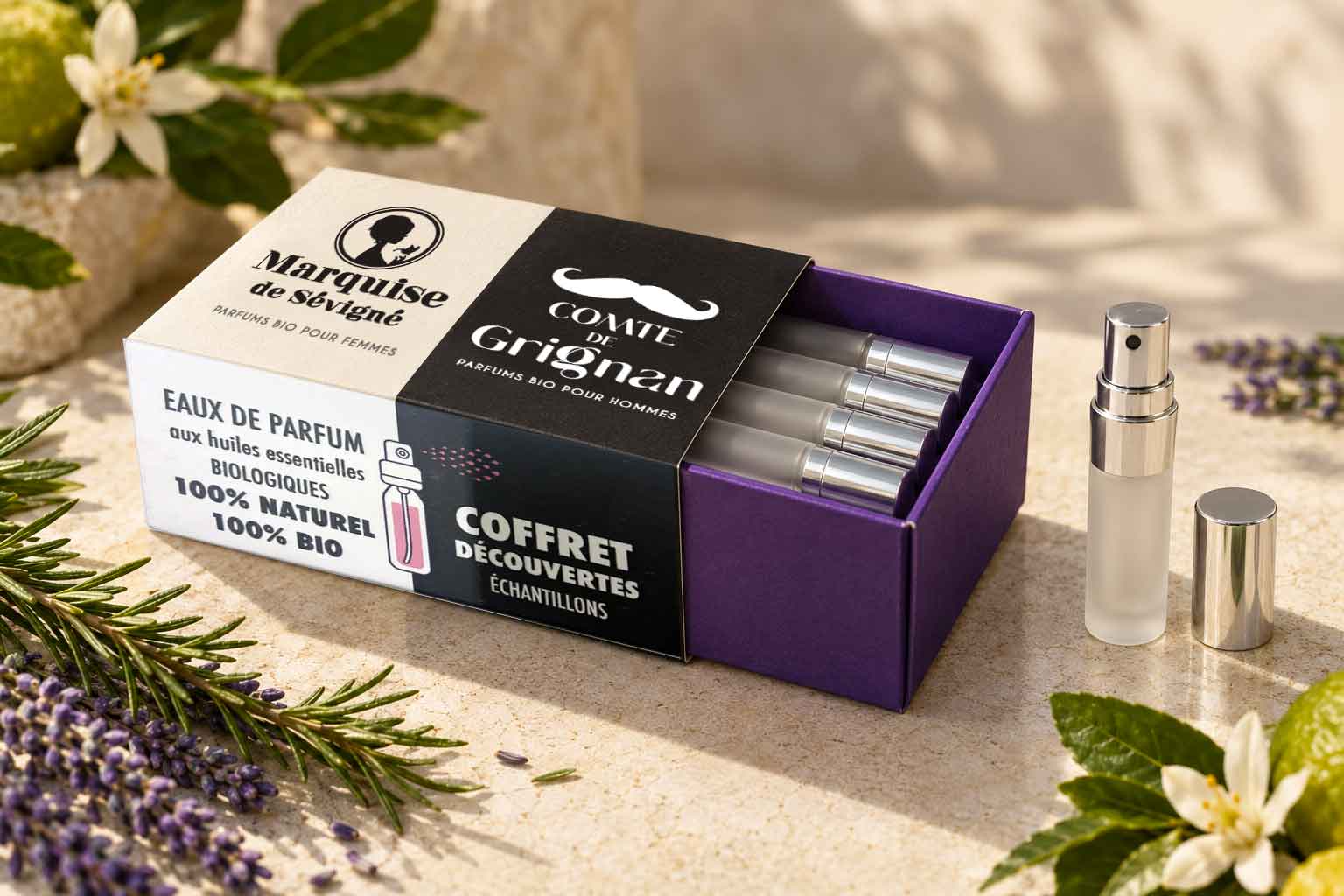 Coffret découverte Marquise de Sévigné : cinq eaux de parfum naturelles et bio aux huiles essentielles biologiques, fabriquées artisanalement en Drôme provençale.